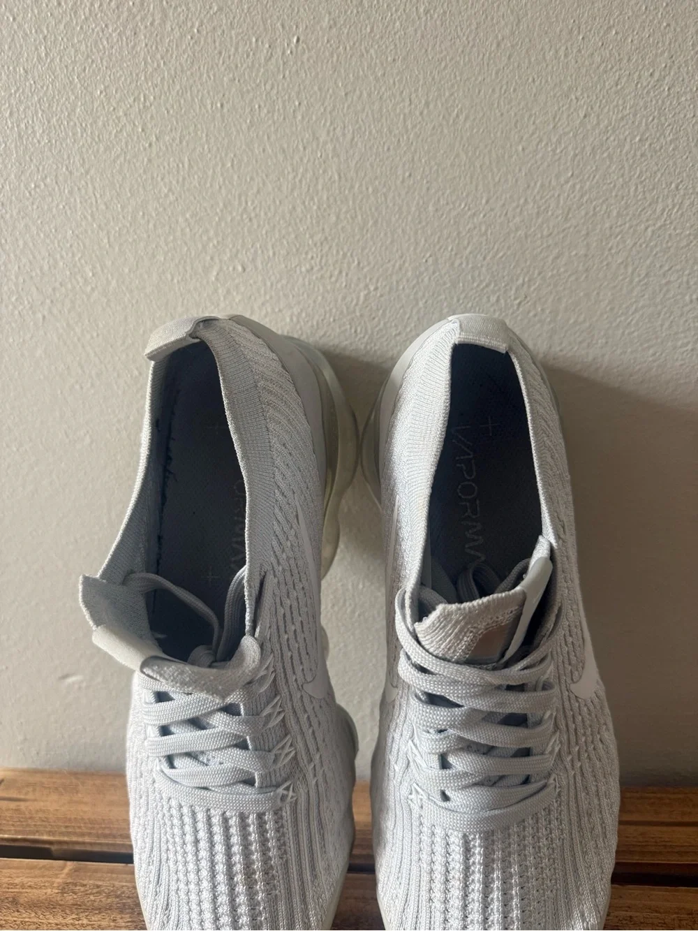 Nike Women’s White and Light Gray VaporMax Flyknit Sneakers